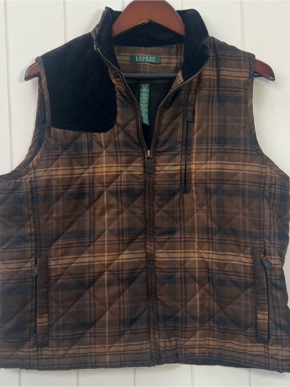 Lauren Ralph Lauren Quilted Brown Plaid Puffer Vest Corduroy Collar XL